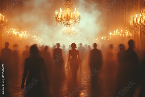 A lone woman in a dress walking through a smoky ballroom filled with silhouetted people.