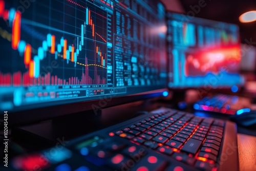 Stock market trader workstation showing falling values on the screen
