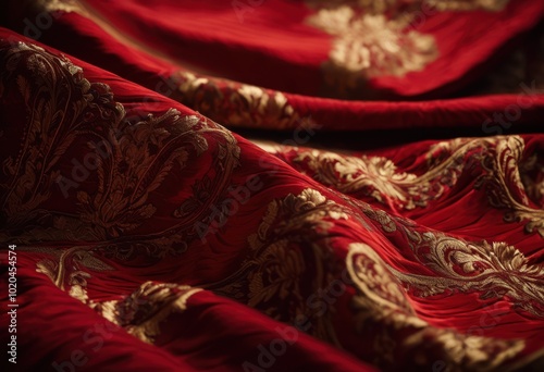 close view rich lush textures vibrant red fabric showcasing intricate weaves patterns, textiles, tapestries, materials, weaving, details, bright, colors