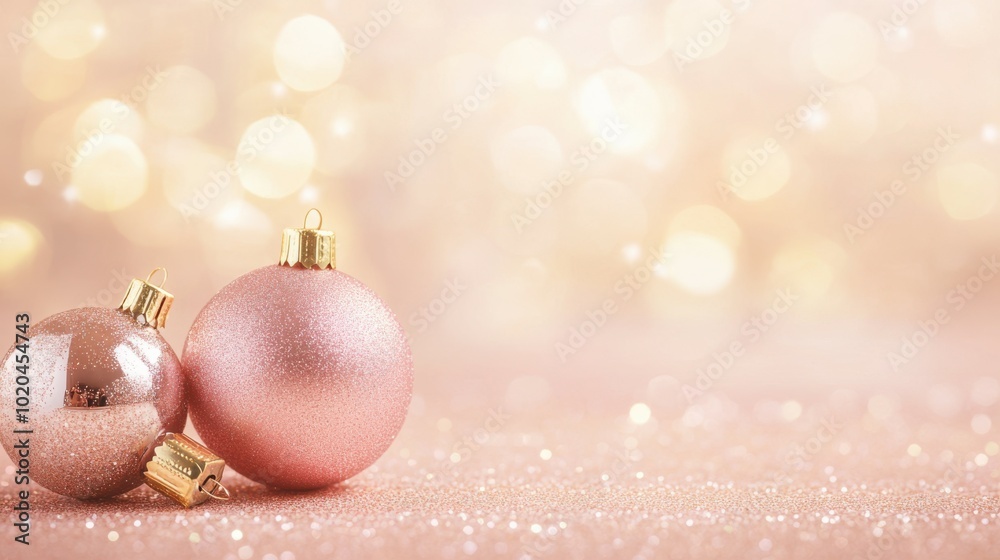 Iridescent Christmas tree baubles shimmering on a soft peach background with golden light bokeh, copy space, Merry Christmas background, elegant festive decor, seasonal decoration promotion. Iridescent Christmas tree baubles shimmering on a soft peach background with golden light bokeh, copy space, Merry Christmas background, elegant festive decor, seasonal decoration promotion.