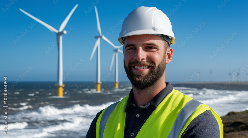 An environmental engineer stands near a row of modern wind turbines on a windswept coastline, his hard hat and safety gear reflecting the commitment to clean energy. The waves cras An environmental engineer stands near a row of modern wind turbines on a windswept coastline, his hard hat and safety gear reflecting the commitment to clean energy. The waves cras