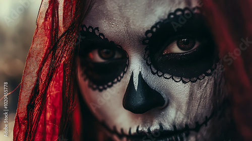  A stunning close-up of a girl's face painted in traditional Calavera makeup for Día de los Muertos photo