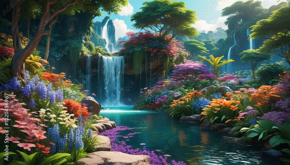 Fototapeta premium An enchanting scene of a paradise landscape adorned with lush gardens, flowing waterfalls, and fantastic flowers, evoking the serene beauty of a heavenly Eden, Generative AI