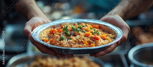 Close-up of a person's hands holding a takeout container with a serving of rice and vegetables.