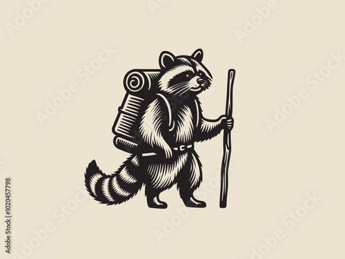 raccoon traveler with a backpack. Hiker and conqueror of peaks.
Black engraving vector emblem, icon, logo, illustration, print