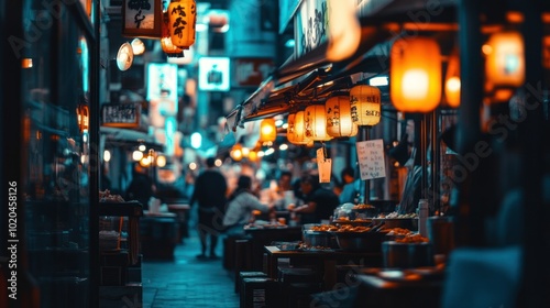 Night Market Stall with Lanterns and Food in a Narrow Street