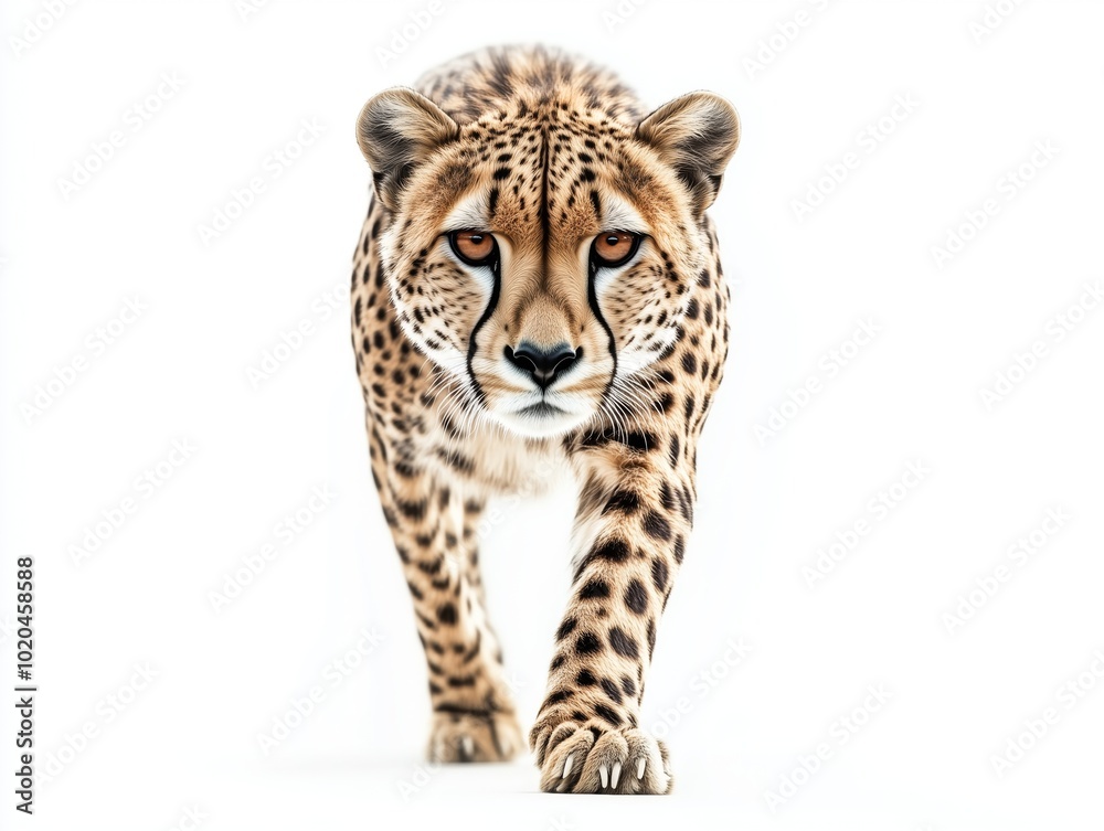 Fototapeta premium A cheetah strides forward with a determined expression, showcasing its distinctive spotted fur and strong physique, isolated on white background