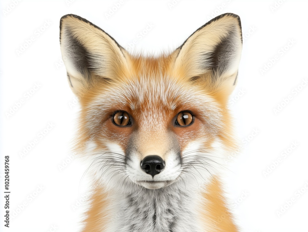 This captivating portrait features a red fox in a close-up shot, showcasing its majestic gaze and vibrant fur against a clean white background This captivating portrait features a red fox in a close-up shot, showcasing its majestic gaze and vibrant fur against a clean white background