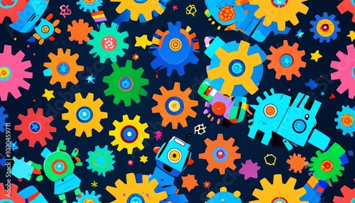 A playful seamless pattern with cute robots, stars, and colorful gears, designed for children's educational materials and activities, Generative AI