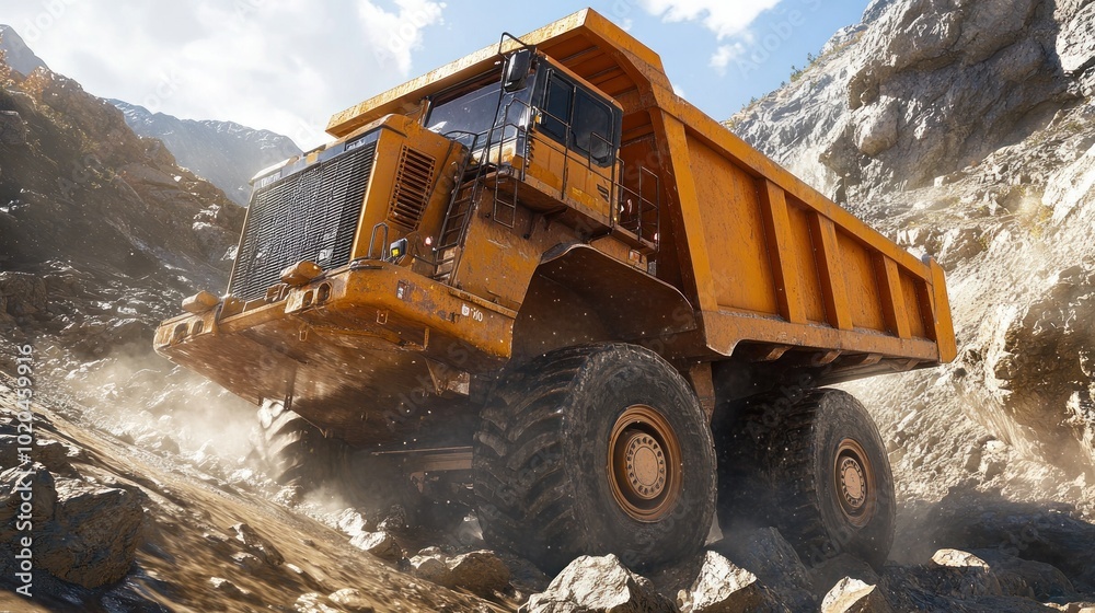 Large Yellow Dump Truck Driving Up A Rocky Hillside Large Yellow Dump Truck Driving Up A Rocky Hillside
