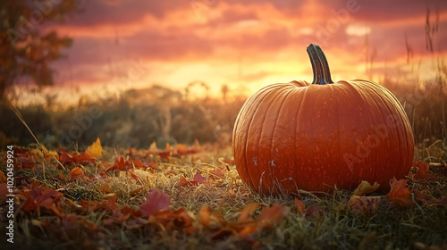 Big Orange Pumpkin with Fall Leaves at Sunset: A large orange pumpkin surrounded by fall leaves at sunset, evoking a classic autumn feel.