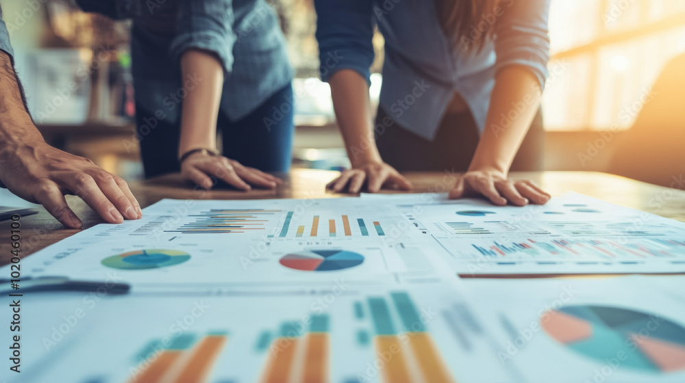 Fototapeta premium Collaborative Team Meeting: Analyzing Financial Reports to Drive Strategic Decisions for Business Growth and Performance Improvement