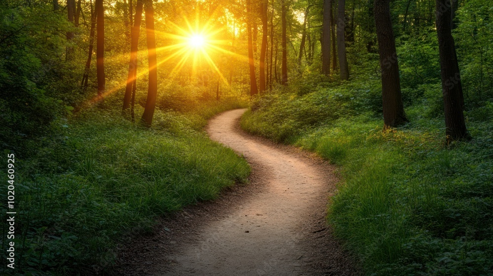 A Sunlit Path Winding Through a Lush Green Forest A Sunlit Path Winding Through a Lush Green Forest