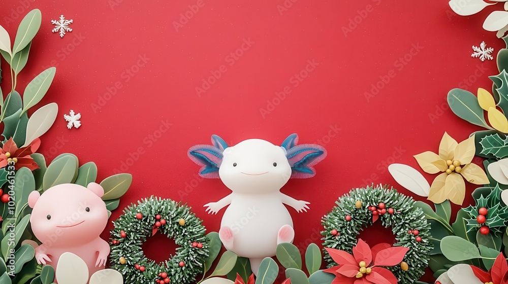 1 Axolotls surrounded by Christmas wreaths on a red background 1 Axolotls surrounded by Christmas wreaths on a red background