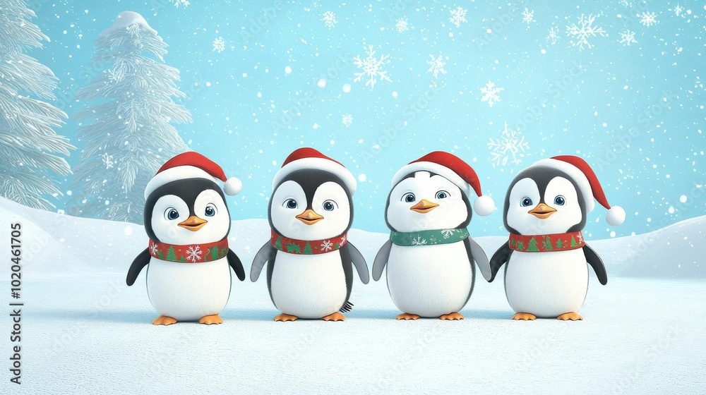 Adorable penguins in festive attire on a snowy holiday backdrop, Customize your penguin group party Adorable penguins in festive attire on a snowy holiday backdrop, Customize your penguin group party