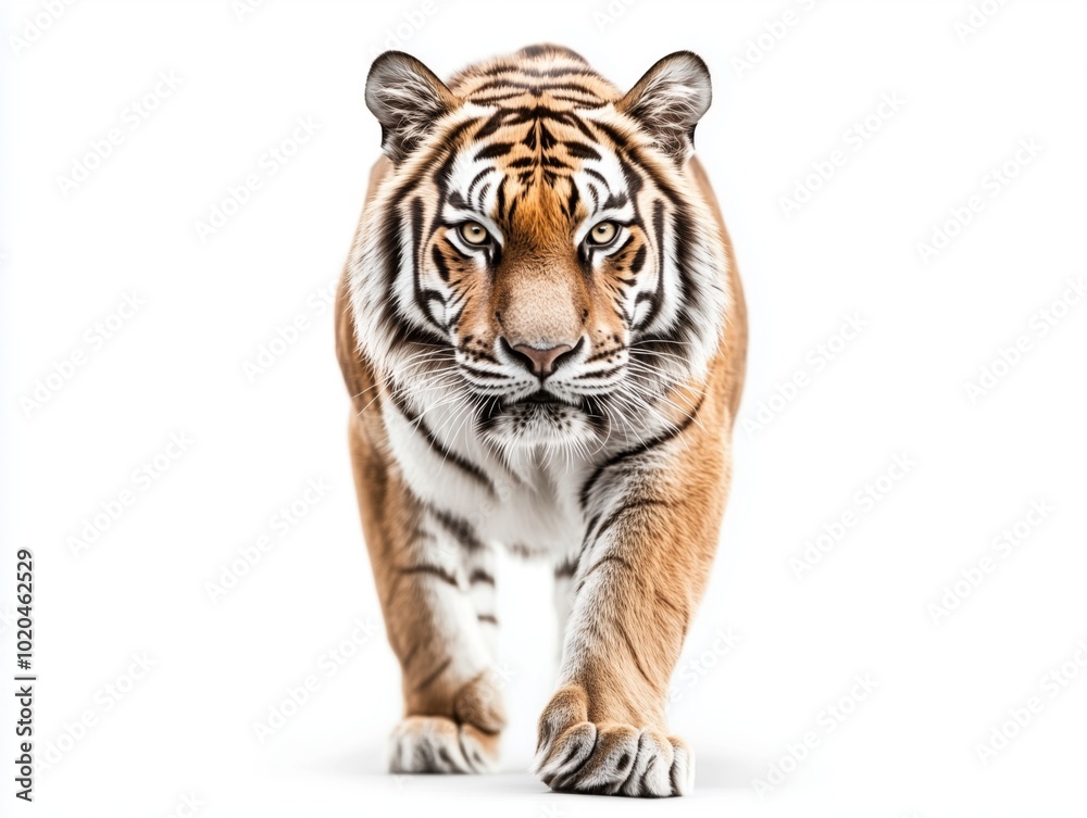 Fototapeta premium A detailed, full-body shot of a tiger standing in the center of the frame. His forward-facing, powerful gaze captures the untamed wilderness and regal nature of this apex predator.