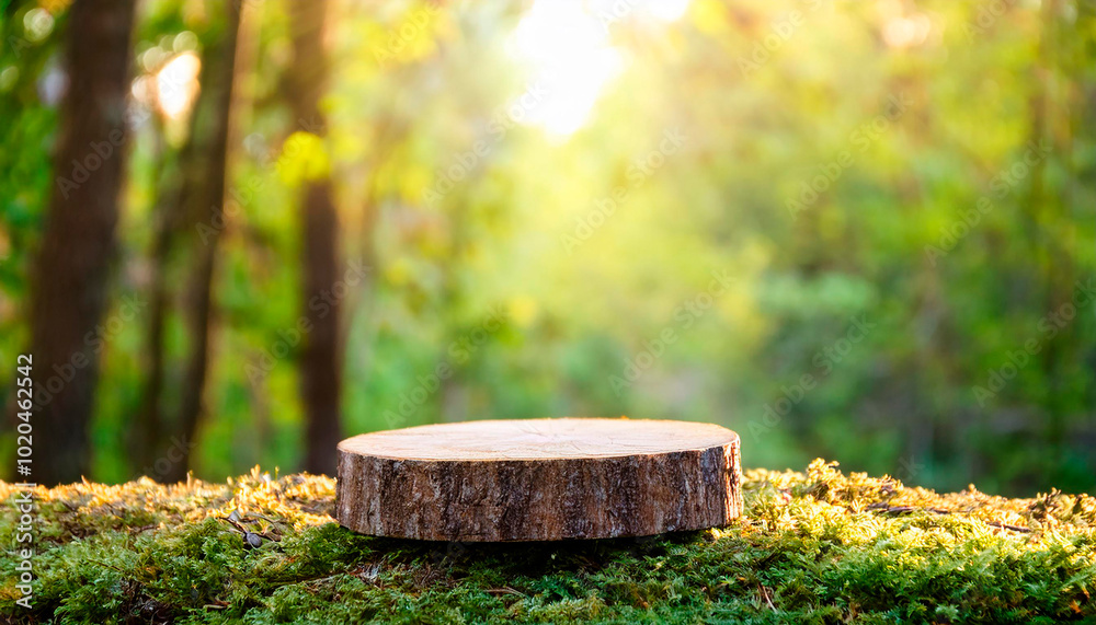 Fototapeta premium product podium in nature outdoors forest blurred green background. natural product placement, pedestal stand display, spring or summer cosmetics concept