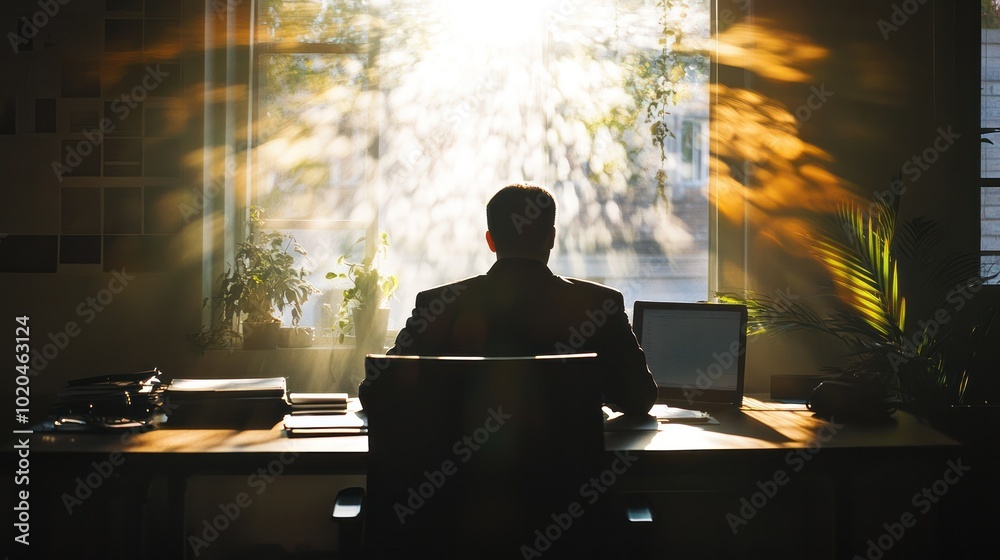 executive's silhouette is captured in a moment of reflection, executive's silhouette is captured in a moment of reflection,
