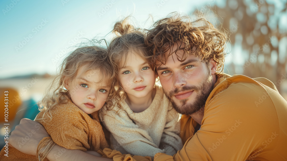 Fototapeta premium heartwarming portrait of a young father embracing his two daughters in a sunlit outdoor setting, capturing love, protection, and the joy of family moments, perfect for family or lifestyle campaigns