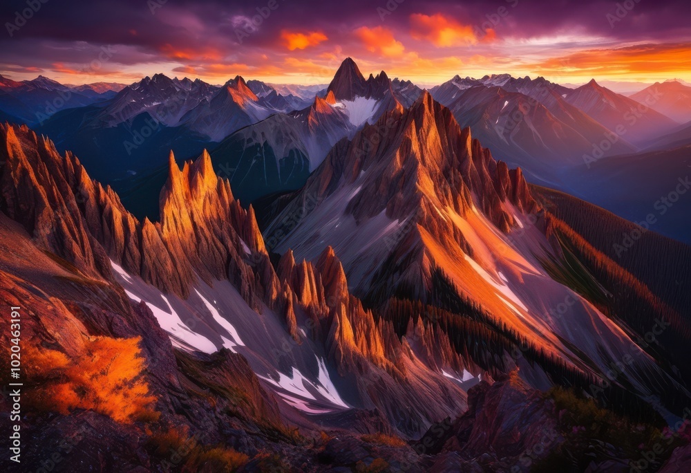 Obraz premium captivating sunrise overview majestic mountain vistas dramatic peaks illuminated warm morning light, adventure, altitude, ascent, dawn, daylight, daytime