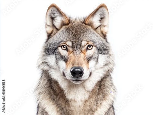 This striking portrait of a wolf highlights its majestic features against a white background. The close-up captures its expressive gaze and powerful presence, making it a stunning wildlife image.