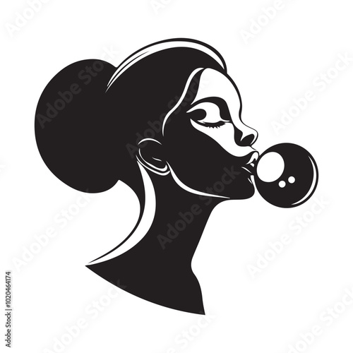 Girl Silhouette Head Blowing Bubble Gum Stock Vector isolated on white background.