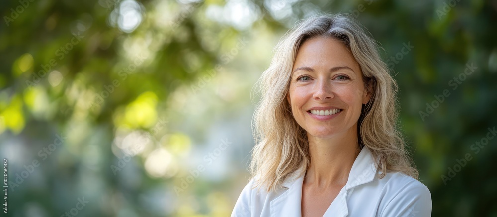Portrait of a smiling woman with blonde hair, outdoors, with blurred greenery behind her. Portrait of a smiling woman with blonde hair, outdoors, with blurred greenery behind her.