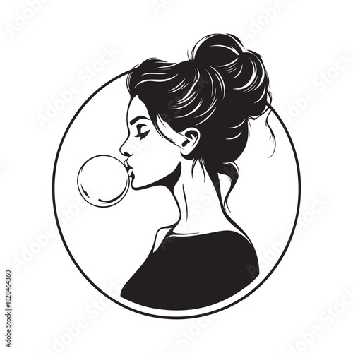 Girl Blowing Gum Bubble Stock Illustrations on white background.