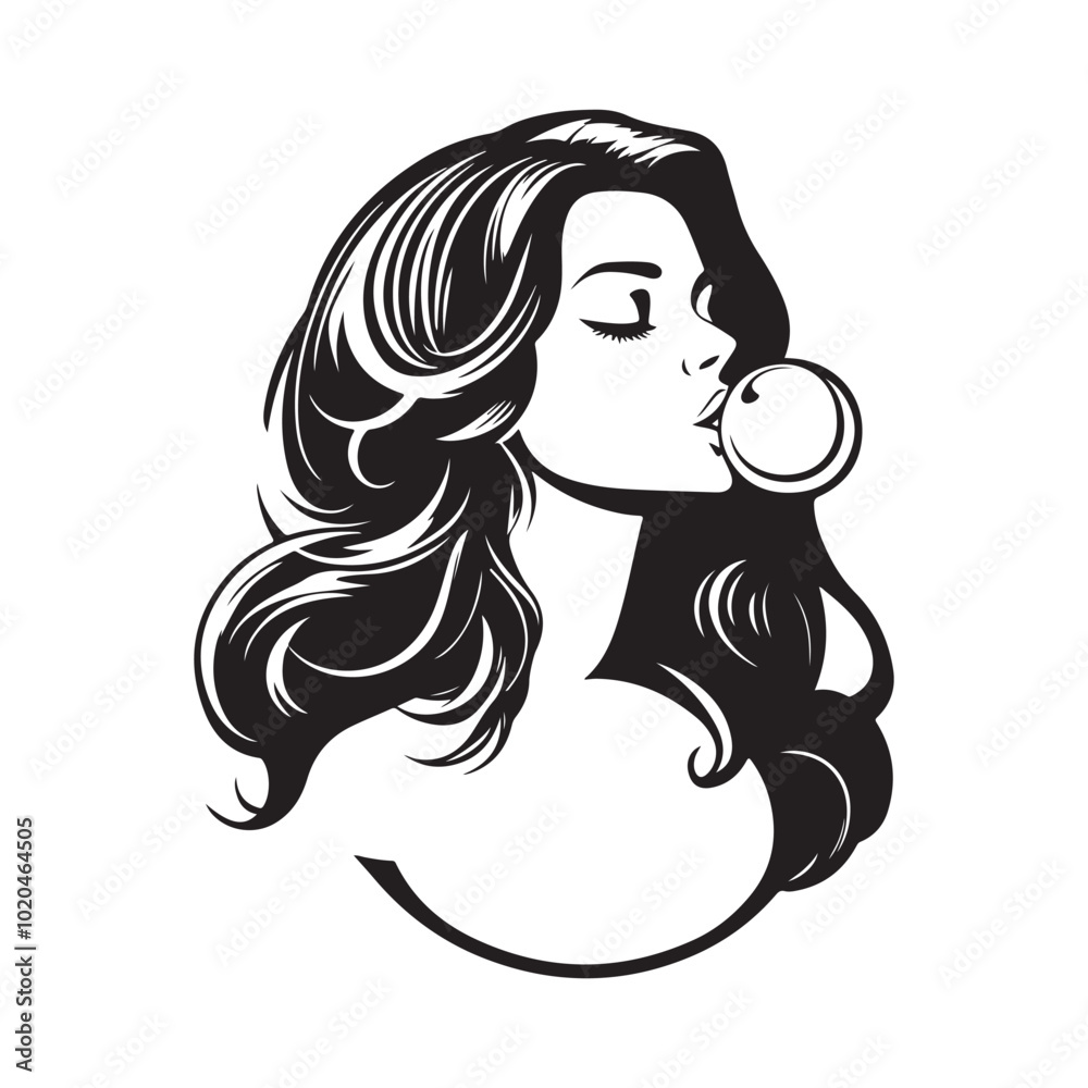 Beautiful Girl Inflating Bubble Chewing Gum Stock Vector isolated on white background. Beautiful Girl Inflating Bubble Chewing Gum Stock Vector isolated on white background.