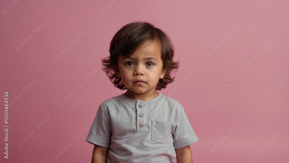 Young boy with wavy shoulder-length hair and serious expression against plain pink background Young boy with wavy shoulder-length hair and serious expression against plain pink background