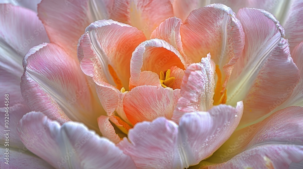 A close-up of a tulip's intricate patterns, highlighted by the soft light of dawn A close-up of a tulip's intricate patterns, highlighted by the soft light of dawn