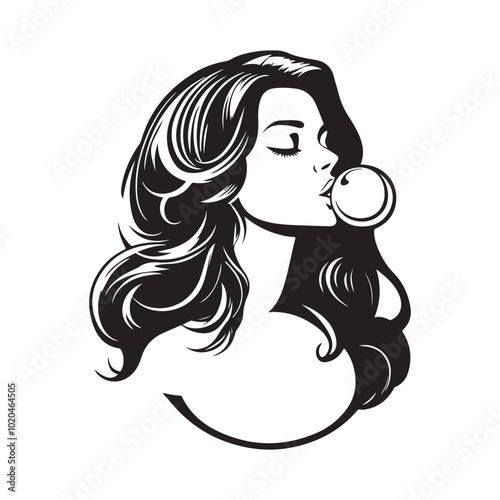Beautiful Girl Inflating Bubble Chewing Gum Stock Vector isolated on white background.