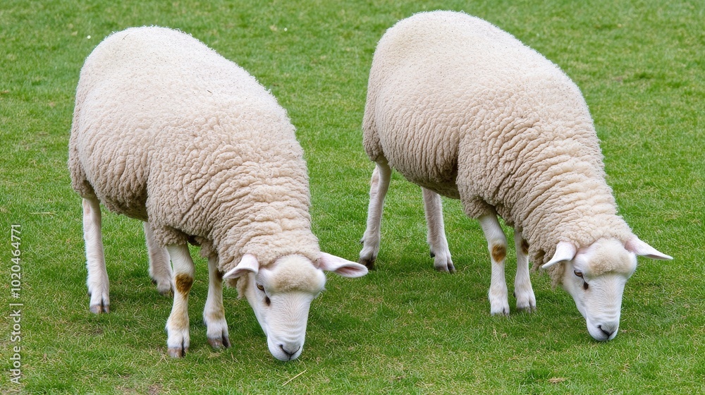 Rural farming and livestock management illustrated with three sheep grazing on green grass on a summer day Rural farming and livestock management illustrated with three sheep grazing on green grass on a summer day