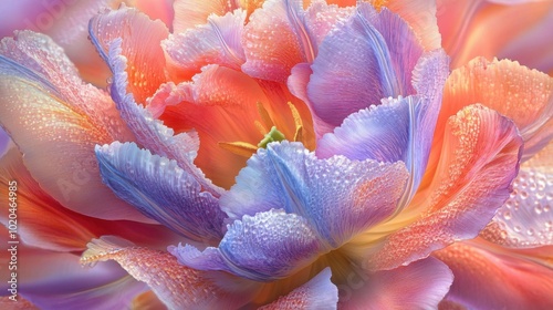 A close-up of a tulip with intricate textures and patterns, highlighted by the soft light of dawn