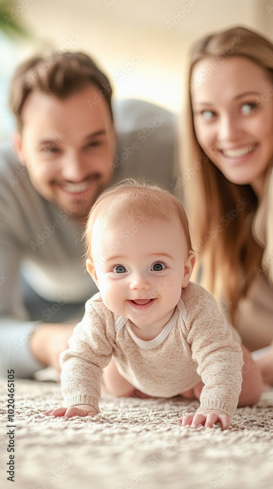 Adorable baby crawling on carpet with parents smiling in background Adorable baby crawling on carpet with parents smiling in background