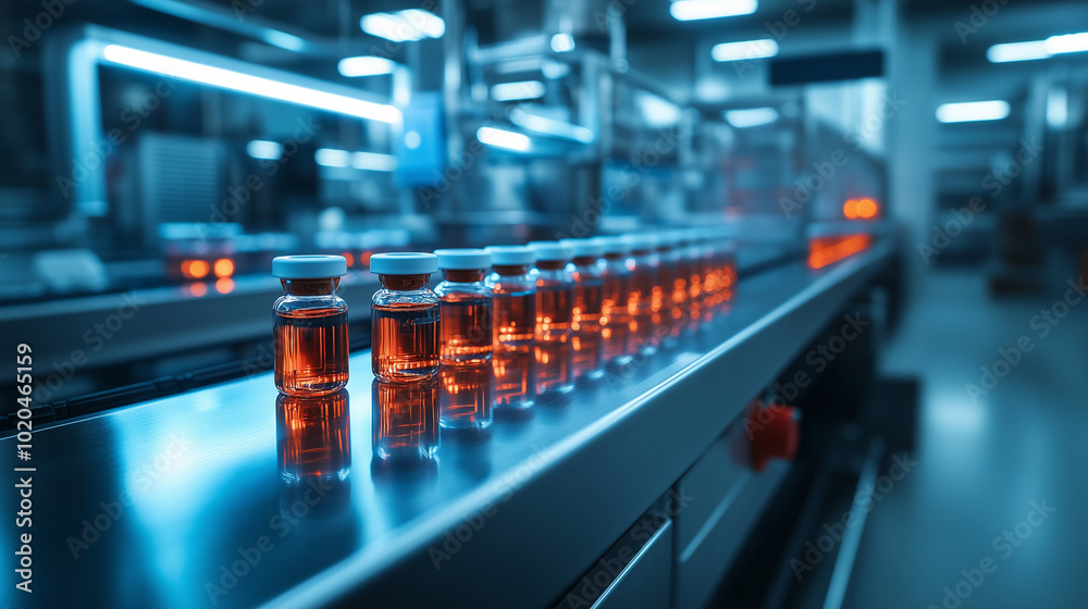 Rows of medicine vials neatly lined up on a conveyor belt, traveling through the sterile, high-tech environment of a pharmaceutical manufacturing plant. Each vial is sealed with an Rows of medicine vials neatly lined up on a conveyor belt, traveling through the sterile, high-tech environment of a pharmaceutical manufacturing plant. Each vial is sealed with an