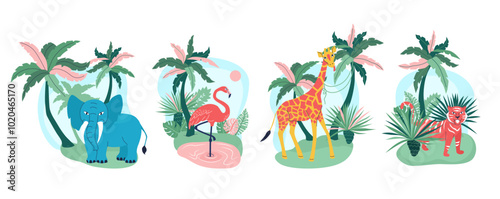 Tropical Animals Illustration with Elephant, Flamingo, Giraffe, and Tiger