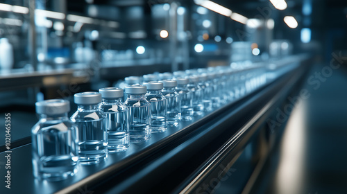 Rows of clear medicine vials filled with liquid flowing down a fast-paced conveyor belt in a sterile pharmaceutical manufacturing facility. Each vial is meticulously capped and lab