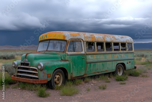 Abandoned derelict old bus, rusted bodywork  with faded and peeling paint. 