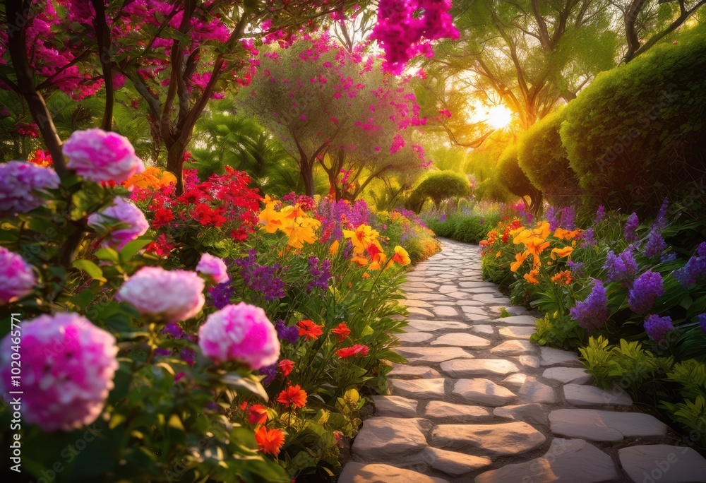 Naklejka premium vibrant lush garden pathway overflowing brightly colored blooms breathtaking flora surrounding serene walking trail, backyard, blossoms, botanic
