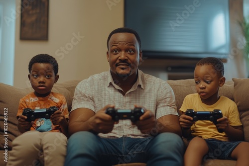 At home, an African American family sits on a sofa and plays console video games. photo