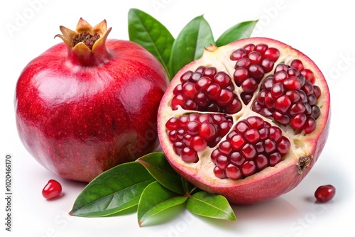 Juicy pomegranate and its half with leaves on white background