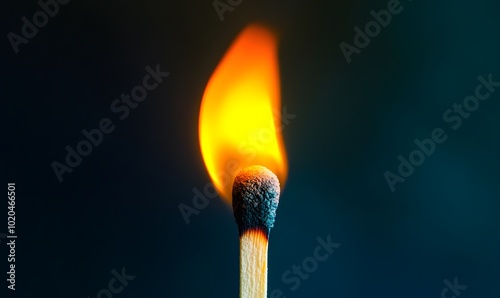 A lit matchstick with a vibrant flame against a dark background, Generative AI