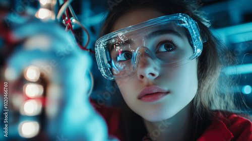 A close-up of a young female construction apprentice, her hands carefully handling electrical wiring. SheÃ¢ÂÂs deep in concentration, her safety goggles reflecting the bright lights o photo