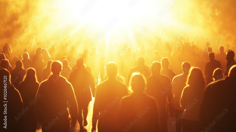silhouettes of people in a massive gathering,