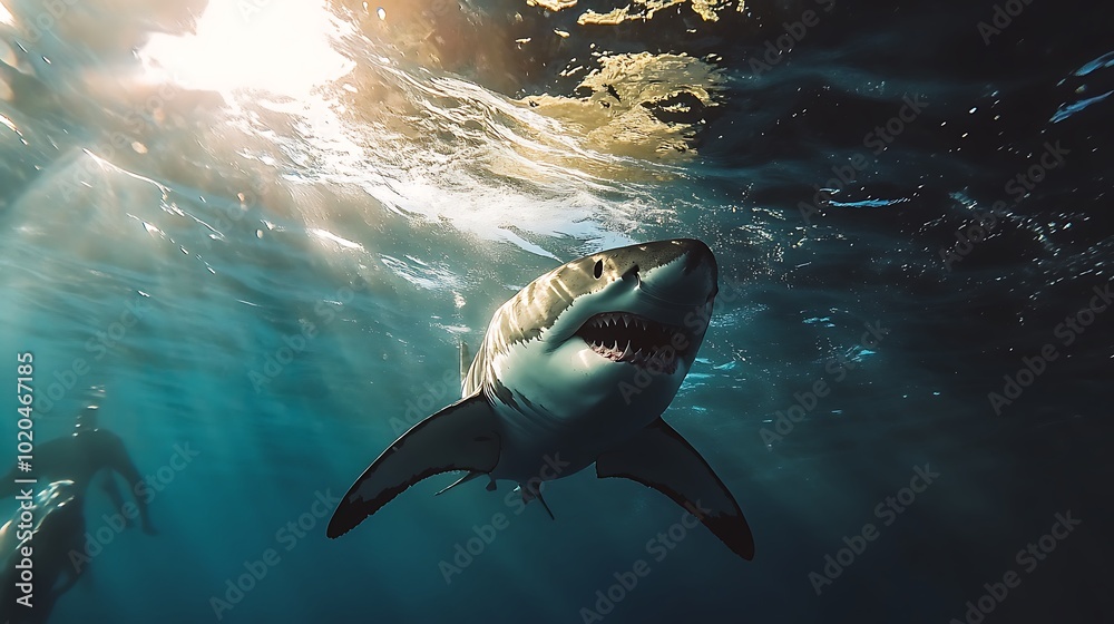 Fototapeta premium A diver encounters a great white shark in clear ocean waters, emphasizing marine life.