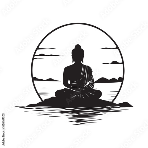 Buddha meditating silhouette and sunset background illustration isolated on white background.