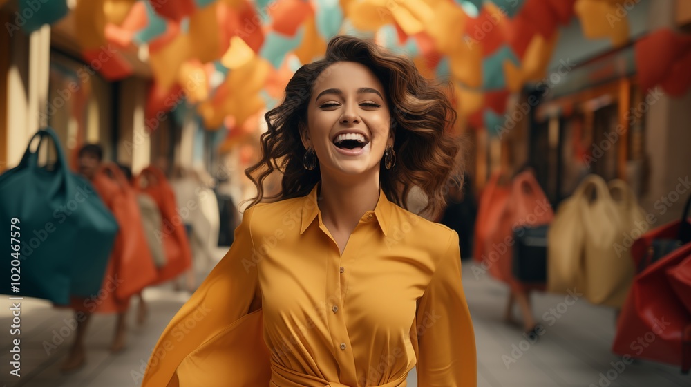 young woman wearing colorful cloth in modern style holding colorful shopping bags jumping with big smile and funny young woman wearing colorful cloth in modern style holding colorful shopping bags jumping with big smile and funny