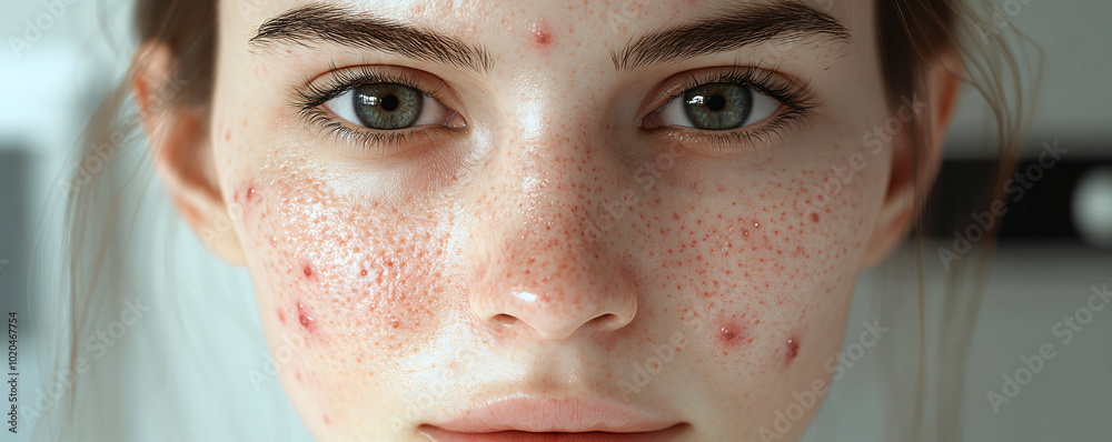 Fototapeta premium Closeup girl face with red pimples, inflammation on face and problem skin. Acne rosacea and couperose therapy. Facial treatment skincare routine and hygiene Cosmetic and beauty banner with copy space
