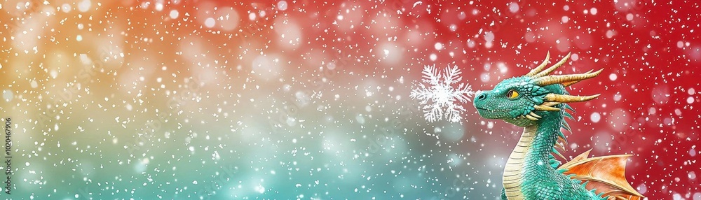 Obraz premium Imagine eye-level angle with Christmas dragons breathing snowflakes on red, green, or pastel background